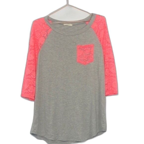 12pm by Mon Ami Raglan Tee Neon Pink Lace Accents - Picture 1 of 7